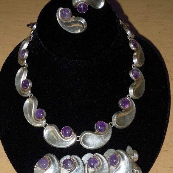 4 pc Antonio Pineda Taxco Silver 925 Comma Amethyst Necklace Bracelet Earrings - Picture 1 of 10